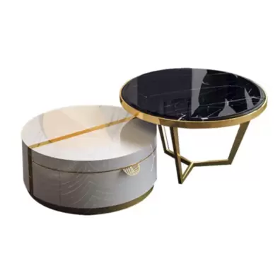 SET DUO LUX TABLE BASSE RONDE EN MARBRE BLANC AVEC 1 TIROIR offre à 6990 Dh sur Yatout