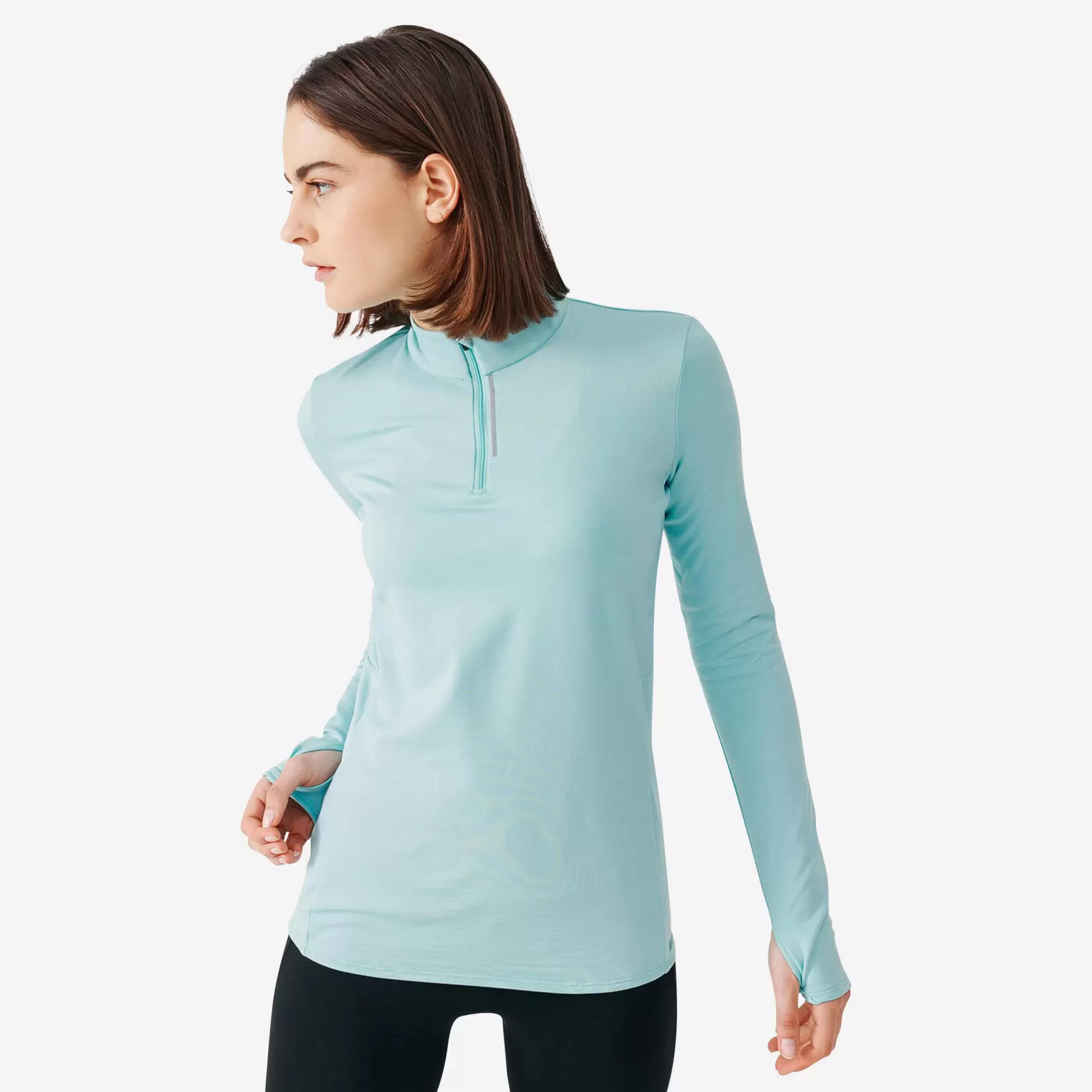 T-shirt manches longues chaud running femme - Zip warm bleu clair offre à 129 Dh sur Decathlon